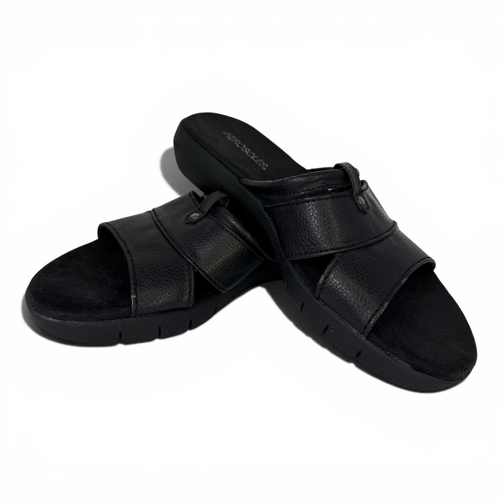 Aerosoles Womens 9.5M Black Leather Slide Sandals Open Toe Comfort Slip On Shoes